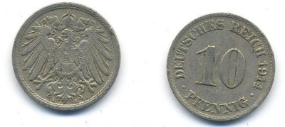 ГЕРМАНИЯ 10 ПФЕННИГОВ 1914 A KM 12, J. 13 медно-никель 58-412