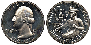 США 25 центов (квотер) 1976 S, 200 лет независимости (1776-1976), Вашингтон, барабанщик KM 204 медь плакированная медно-никелем PROOF 1099-1-25