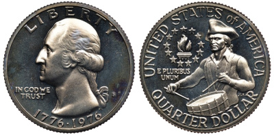 США 25 центов (квотер) 1976 S, 200 лет независимости (1776-1976), Вашингтон, барабанщик KM 204 медь плакированная медно-никелем PROOF 1099-1-25
