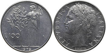 Италия 100 лир 1979 R, Афина в доспехах KM 96.1 нержавеющая сталь 109-923