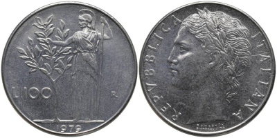 Италия 100 лир 1979 R, Афина в доспехах KM 96.1 нержавеющая сталь 109-923