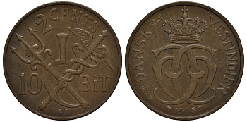 ДАТСКАЯ ВЕСТИНДИЯ 2 ЦЕНТА (10 БИТ) 1905 KM 76 бронза 02-205-24