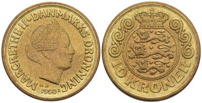 Дания 10 крон 1990 LG;JP;A , Маргрете II (1972-) KM 867.2, Schoen 89 алюминиевая бронза UNC 4513-215