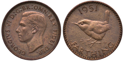 Великобритания 1 фартинг 1951 Георг VI (1936-1952) KM 867, Spink 4119 бронза 4122-717
