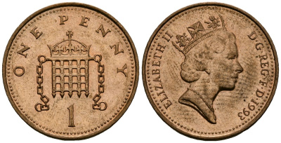 Великобритания 1 пенни 1993 Елизавета II (1952-2022) KM 935a, Spink 4391 (B4) сталь плакированная бронзой 4167-1234