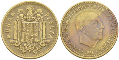 ИСПАНИЯ 1 ПЕСЕТА 1966 (67) ФРАНСИСКО ФРАНКО ДИКТАТОР ИСПАНИИ ( 1939- 1975) KM 796 алюминиевая бронза 216-621