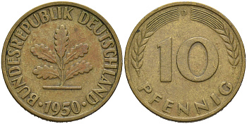 ФРГ 10 пфеннигов 1950 D KM 108, J.383 сталь плакированная латунью 4681-1121