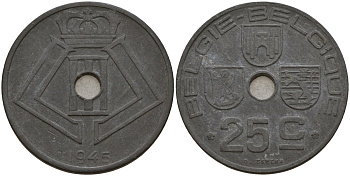 Бельгия 25 сантимов 1945 Belgie-Belgique, Леопольд III (1934-1947), германская оккупация KM 132 цинк 4157-644