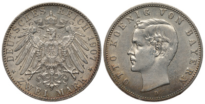 Бавария 2 марки 1907 D, Отто (1886-1913) Weege 44, J. 45, KM 511 серебро 000-000