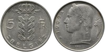 БЕЛЬГИЯ 5 ФРАНКОВ 1969 BELGIE KM 135.1 медно-никель 98-551