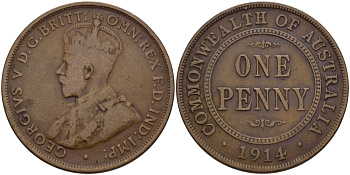 АВСТРАЛИЯ 1 ПЕННИ 1914 ГЕОРГ V KM 23 бронза 82-644