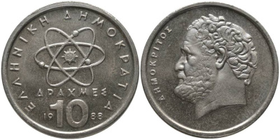 Греция 10 драхм 1988 Демокрит KM 132 медно-никель UNC 181-914