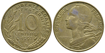 Франция 10 сантимов 1993 тип Марианна KM 929, LE FRANC 144.35 медь алюминий никель 3461-232