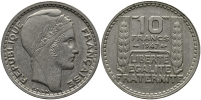 Франция 10 франков 1947 KM 908.1, Le Franc 361.4 медно-никель 98-711