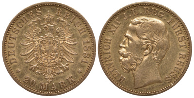 Рейсс (младшая линия) 20 марок 1881 Генрих XIV (1867-1913) J. 256, KM 80 золото 10-010-65