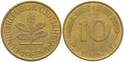 ФРГ 10 пфеннигов 1982 J KM 108, J. 383 сталь плакированная латунью 175-752