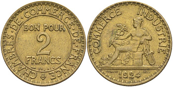 Франция 2 франка 1924 тип Chambre de commerce KM 877, Le Franc 267.6 алюминиевая бронза 3460-513