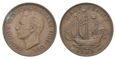 Великобритания 1/2 пенни 1949 Георг VI (1936-1952) KM 868, Spink 4118 бронза 4662-1122
