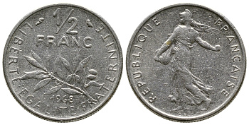 Франция 1/2 франка 1968 KM 931.1 никель 3461-252