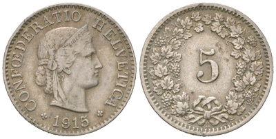 Швейцария 5 раппенов 1915 B KM 26 медно-никель 4160-548