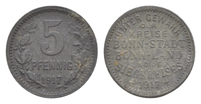 Бонн и Зигкрайс (Пруссия, Рейн) 5 пфеннигов 1917 Funck 52.1, Men05 3234.1, Men18 4150.1 цинк 4643-861