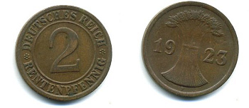 ГЕРМАНИЯ 2 РЕНТПФЕННИГА 1923 F J 307, KM 31 бронза 46-1215