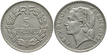 Франция 5 франков 1933 KM 888, Le Franc 336 никель 32-912