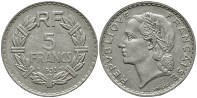 Франция 5 франков 1933 KM 888, Le Franc 336 никель 32-912
