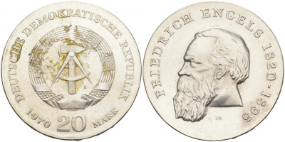 ГДР 20 марок 1970 А, 150 лет со дня рождения Фридриха Энгельса KM 28 серебро 1087-9-65