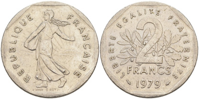Франция 2 франка 1979 сеятель KM 942.1, Le Franc 272.3 никель 63-255