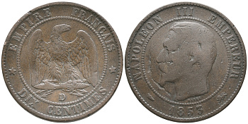 Франция 10 сантимов 1853 D, Наполеон III (1852-1870) KM 771.4, Le Franc 133 бронза 51-2423