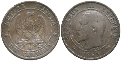 Франция 10 сантимов 1853 D, Наполеон III (1852-1870) KM 771.4, Le Franc 133 бронза 51-2423