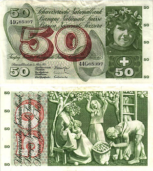 Швейцария 50 франков 1973 7 марта 1973, серия 44 G, подпись 42 Pick 48 m бумага 8606-18-2-1