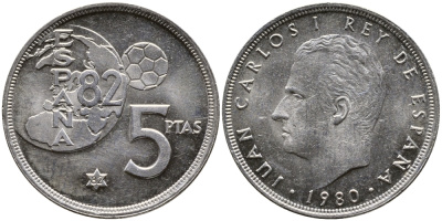 Испания 5 песет 1980 (82), Хуан Карлос, чемпионат мира по футболу Испания 82 KM 817 медно-никель 3459-154