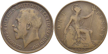 Великобритания 1 пенни 1917 Георг V (1910-1936) KM 810, Spink 4051 бронза 3460-745