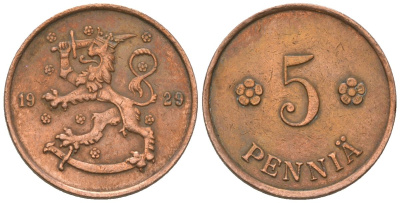 Финляндия 5 пенни 1929 KM 22 медь 4174-365