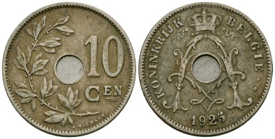 Бельгия 10 сантимов 1925 KM 53 медно-никель 4177-1056