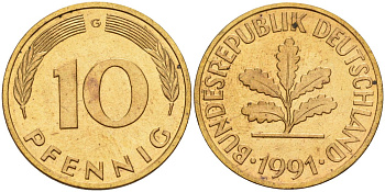 ФРГ 10 пфеннигов 1991 G KM 108, J. 383 сталь плакированная латунью 4175-1056