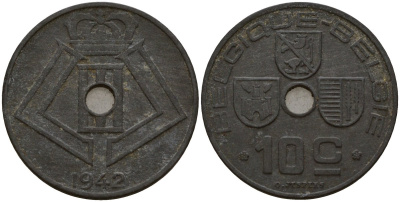 Бельгия 10 сантимов 1942 Belgique - Belgie, Леопольд III (1934-1947), германская оккупация, Вторая мировая война KM 125 цинк 4161-316