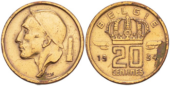 Бельгия 20 сантимов 1954 Belgie, Бодуэн I (1951-1993) KM 147.1 бронза 4528-914