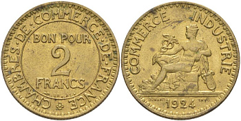Франция 2 франка 1924 тип Chambre de commerce KM 877, Le Franc 267.6 алюминиевая бронза   3460-511