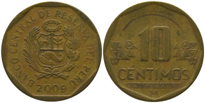 Перу 10 сентимо 2009 LIMA KM 305.4, Schon 104 латунь 4543-924