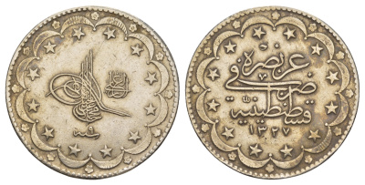 Турция 20 курушей 1909 (1917) AH 1327, Османская империя KM 780 серебро 1515-1713