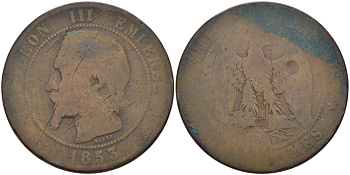 Франция 10 сантимов 1853 ВВ, Наполеон III (1852-1870) KM 771.3, Le Franc 133.4 бронза 3460-241