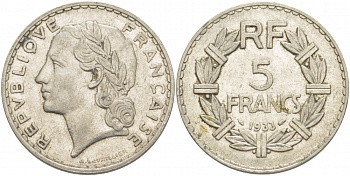 Франция 5 франков 1933 KM 888, Le Franc 336 никель 4403-312