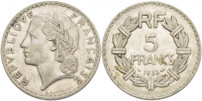 Франция 5 франков 1933 KM 888, Le Franc 336 никель 4403-312