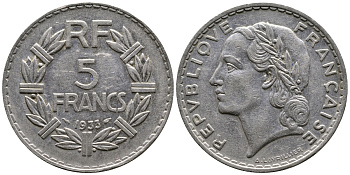 Франция 5 франков 1933 KM 888, Le Franc 336 никель 63-521