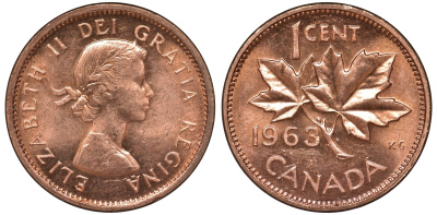 Канада 1 цент 1963 Елизавета II (1952-2022), кленовый лист KM 49 бронза 4596-416