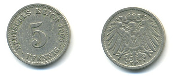 ГЕРМАНИЯ 5 ПФЕННИГОВ 1905 D, KM 11, J. 12 медно-никель 4379-526