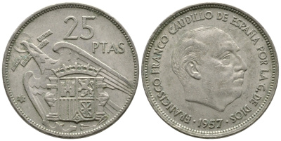 ИСПАНИЯ 25 ПЕСЕТ 1957 (68) ФРАНСИСКО ФРАНКО ДИКТАТОР ИСПАНИИ (1939-1975) KM 787 медно-никель 4364-4211